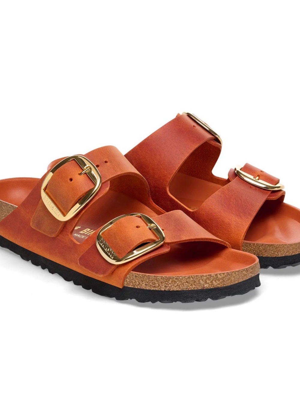 Birkenstock Arizona Double-Buckle Sandal in Burnt Orange with Gold Buckles